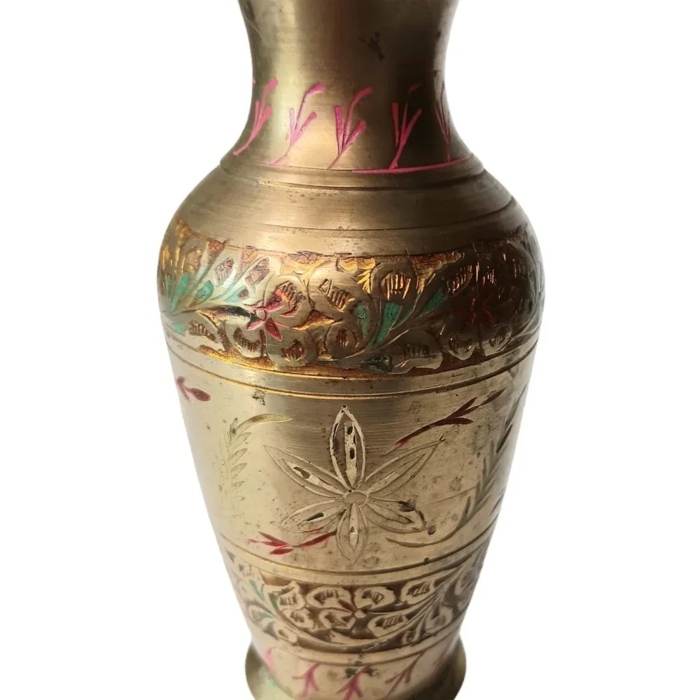Brass Etched Enamel Inlaid Bud Vase Vintage Made in India